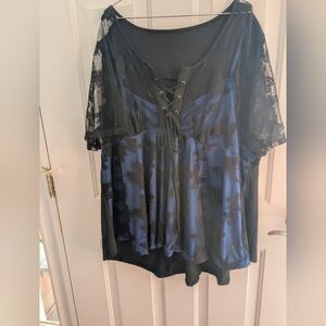 Elegant Lace-Up Blue and Black Women's Top